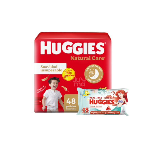 HUGGIES COMBO! NATURAL CARE AHORRAPACK XXXG X48UN. + TOALLITA HÚMEDA LA SIRENITA X48 UN